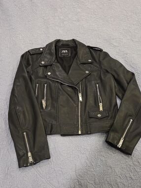 🔥🔥 ZARA Women's Black Sheep Leather Moto Jacket with Silver Hardware Size XL!